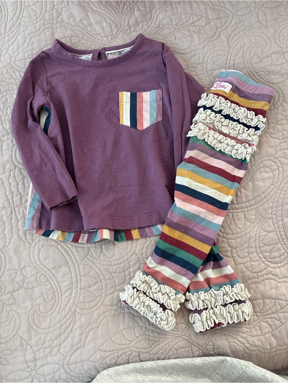 Ruffle Butts Purple Top with Multicolor Striped Pocket & Ruffle Stripe Leggings